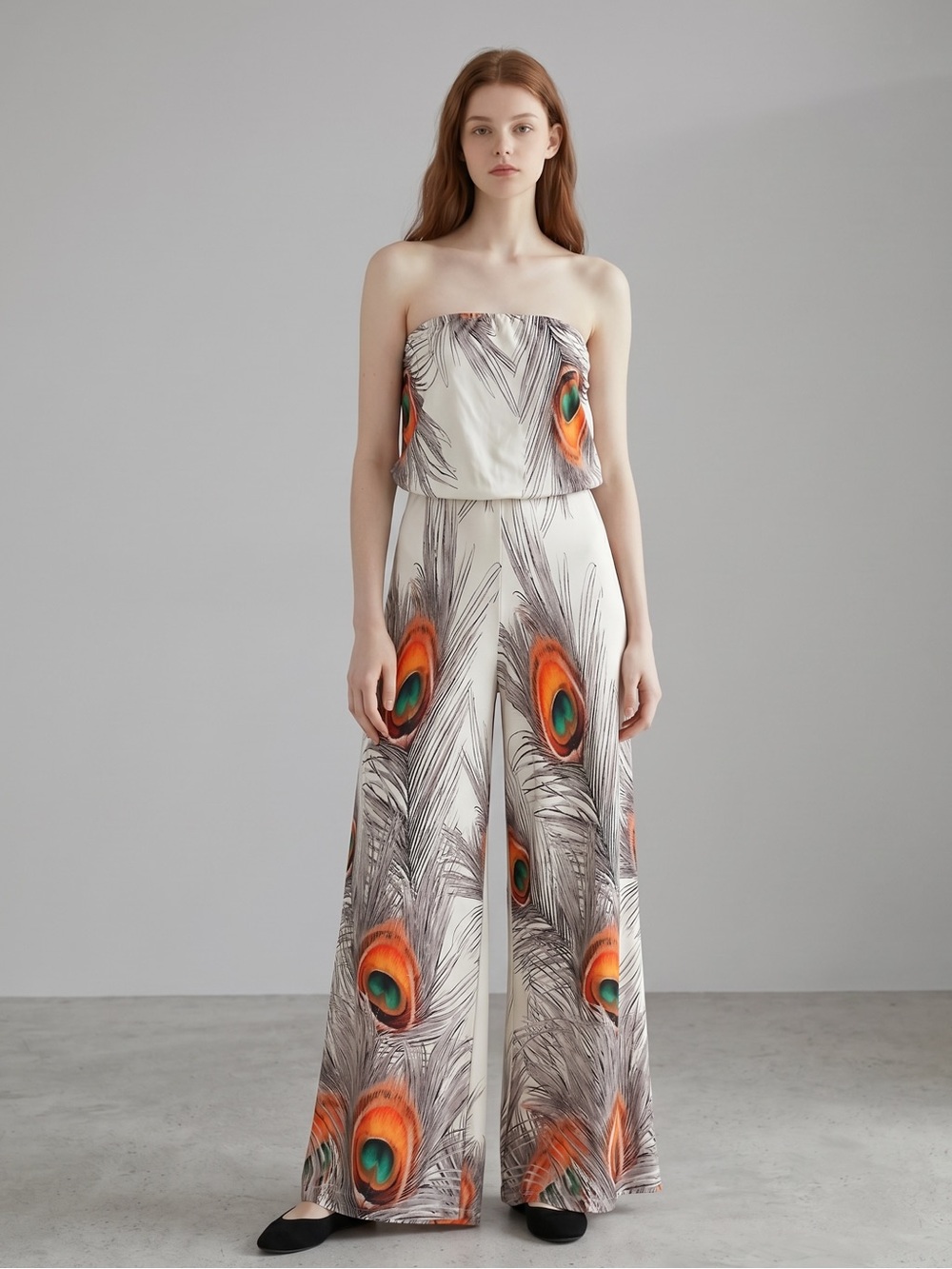 Symphony Strapless Wide-Leg Jumpsuit with Peacock Feather Print Festival Party